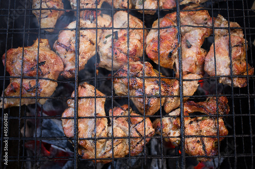 Juicy meat is fried on a fire in nature. Barbecue. Picnic. Grill. Top view.