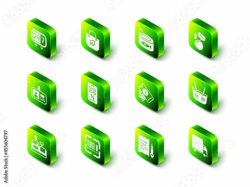 Set Shopping bag with recycle, Canned fish, Supermarket food products price label, basket, Delivery cargo truck, POS terminal, list and pencil and Scanner scanning bar code icon. Vector