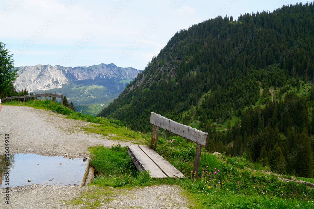 beautiful view of an old little bridge and a hiking trail leading to the picturesque Edenbachalpe in the Tannheim Valley ot Tannheim, Austria beautiful view of an old little bridge and a hiking trail leading to the picturesque Edenbachalpe in the Tannheim Valley ot Tannheim, Austria