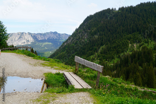 beautiful view of an old little bridge and a hiking trail leading to the picturesque Edenbachalpe in the Tannheim Valley ot Tannheim, Austria