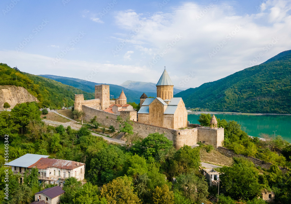 Aerial Scenic view of Ananuri Fortress Complex on the Aragvi River in Georgia in summer