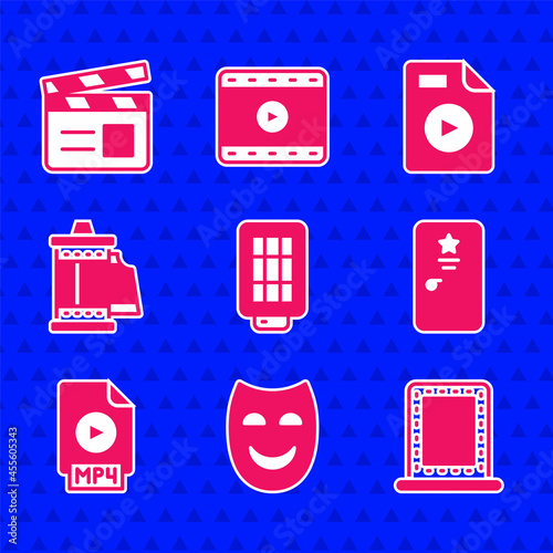 Set Softbox light, Comedy theatrical mask, Makeup mirror with lights, Backstage, MP4 file document, Camera roll cartridge, AVI and Movie clapper icon. Vector