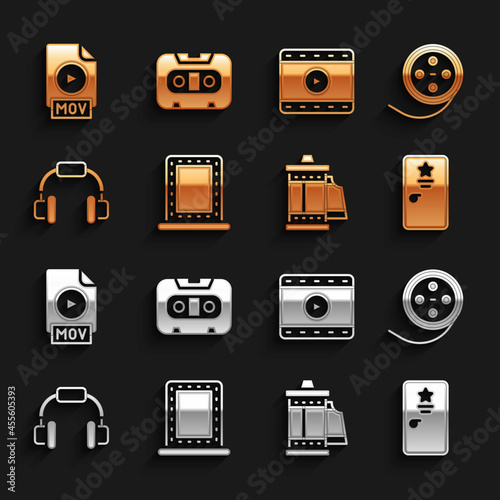Set Makeup mirror with lights, Film reel, Backstage, Camera roll cartridge, Headphones, Play Video, MOV file document and Retro audio cassette tape icon. Vector