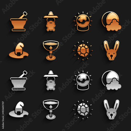 Set Medieval goblet, Moon and stars, Rabbit with ears, Magic stone, Witch hat, ball, Mortar pestle and Wizard warlock icon. Vector