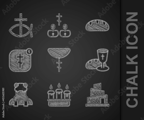 Set Christian cross on chain, Burning candle candlestick, Babel tower bible story, Goblet bread, Priest, Online church pastor preaching, Bread loaf and fish icon. Vector