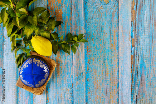 Religion jewish celebration holy holiday Sukkot the Etrog, lulav, hadas arava kippah and shofar tallit photo