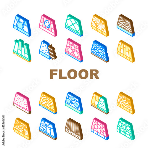 Floor Material Layers Renovation Icons Set Vector. Tile And Parquet, Stone And Wooden Floor Material, Linoleum And Carpet, Children Play Room Sport Ground Flooring Isometric Sign Color Illustrations