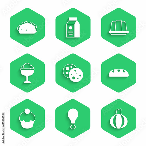 Set Cookie with chocolate, Chicken leg, Onion, Bread loaf, Muffin, Ice cream the bowl, Jelly cake and Taco tortilla icon. Vector