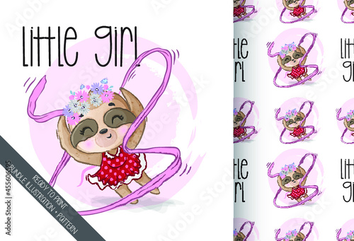 Cute animal sloth dancing girl seamless pattern: can be used for cards, invitations, baby shower, posters; with white isolated background
