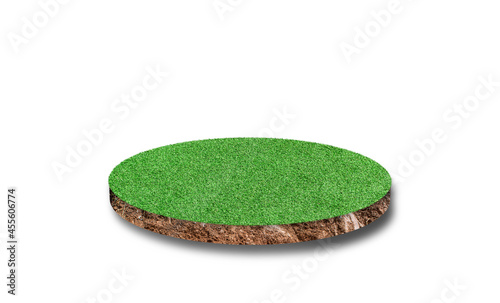 Soil round cross section with green grass field isolated on white background.