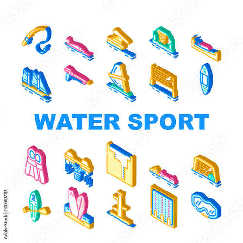 Water Sports Active Occupation Icons Set Vector. Kayak And Sap Board, Freediving Pool And Swimming, Volleyball And Basketball Water Sports, Fishing And Spearfishing Isometric Sign Color Illustrations