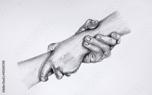 Drawing giving a helping hand. Sketch of two hands holding each other.