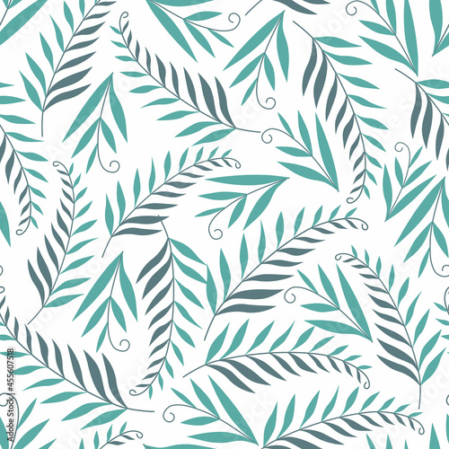 Seamless floral natural abstract pattern   green leaves on white  background. Folk art style. Hand drawing. Design for textiles  wallpapers  printed products. Vector illustration