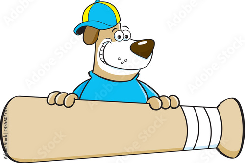 Cartoon illustration of a dog wearing a baseball cap and standing behind a large baseball bat.