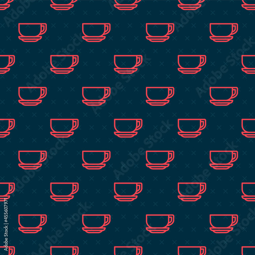 Red line Coffee cup icon isolated seamless pattern on black background. Tea cup. Hot drink coffee. Vector