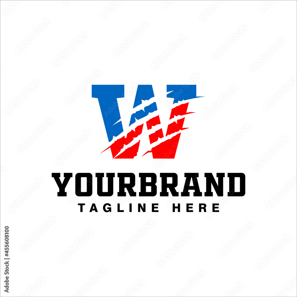 Fototapeta premium Letter W Logo Design With Blue Red Claw Scratch Vector Illustration