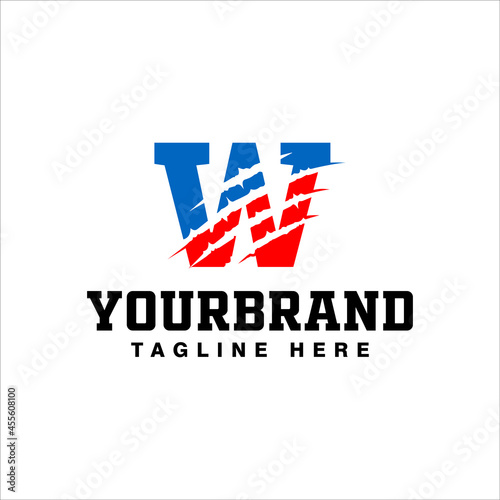 Letter W Logo Design With Blue Red Claw Scratch Vector Illustration