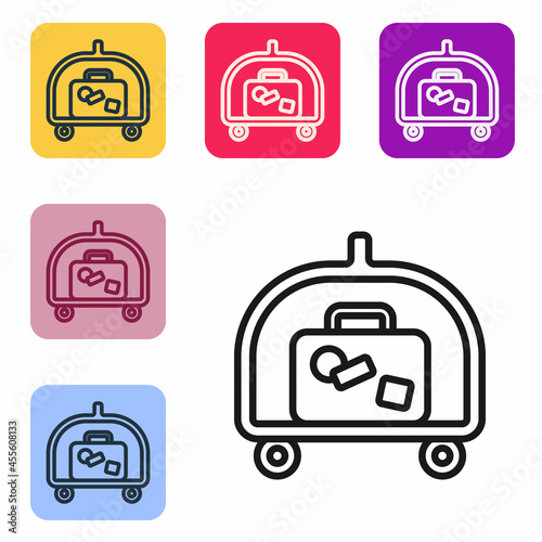 Black line Hotel luggage cart with suitcase icon isolated on white background. Traveling baggage sign. Travel luggage icon. Set icons in color square buttons. Vector