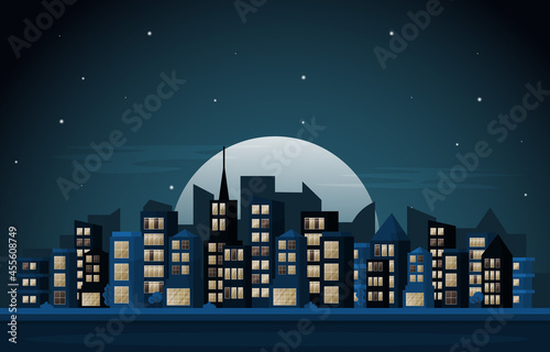 Night City Urban Skyscraper Building Cityscape View Flat Design Illustration