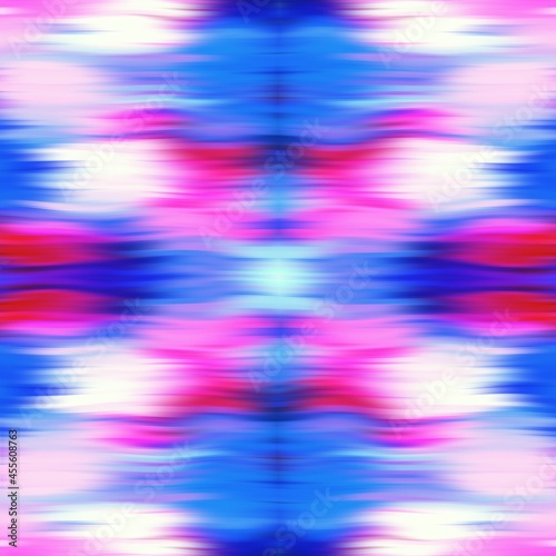 Optical tie dye kaleidoscope blur texture background. Seamless washed out symmetry ombre effect. 80s style retro geometric mirror pattern. High resolution funky beach wear fashion textile