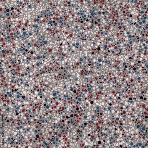 Seamless red white and blue pattern of packed polygons with overlay texture. High quality illustration. Stylish and sophisticated confetti terrazzo motif swatch in repeat. Grungy but simple elements