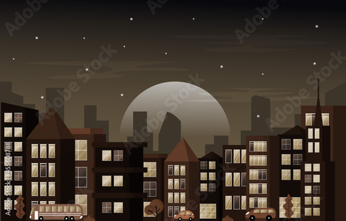 Night City Urban Skyscraper Building Cityscape View Flat Design Illustration