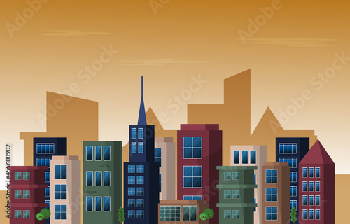 Twilight Afternoon City Urban Skyscraper Building Cityscape Flat Design Illustration