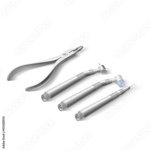 Basic Dentist Instruments Laid out Against White Backdrop. A set of Metal Medical Equipment for Teeth Dental Care. Dental Hygiene and Healthcare Concept © Dvarg