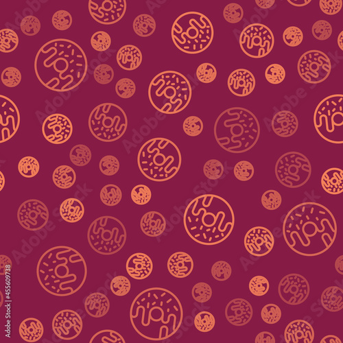 Brown line Donut with sweet glaze icon isolated seamless pattern on red background. Vector