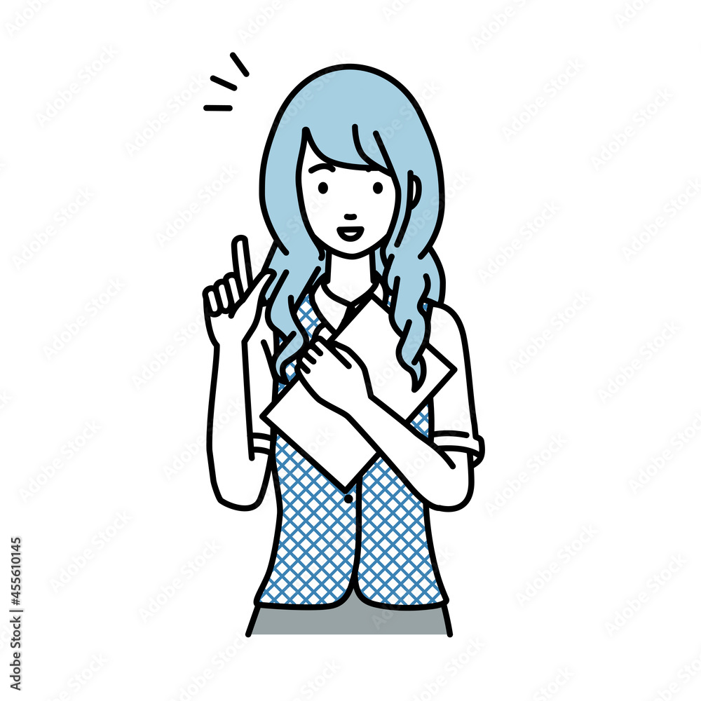 立って書類を手に持って何かひらめいた事務員制服の女性 立って書類を手に持って何かひらめいた事務員制服の女性