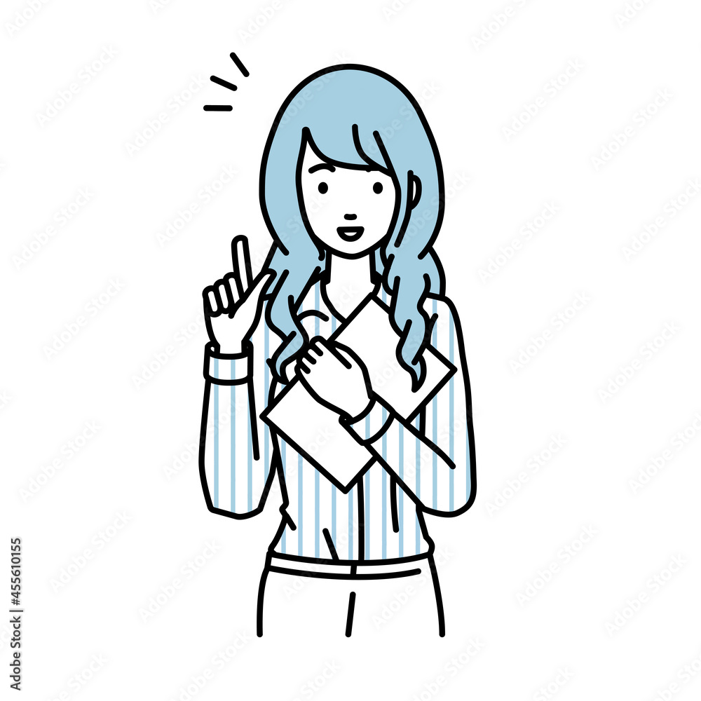 立って書類を手に持って何かひらめいたブラウスの女性