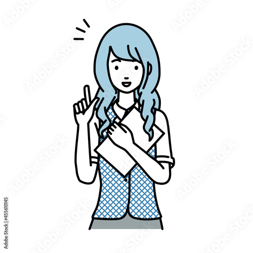 立って書類を手に持って何かひらめいた事務員制服の女性