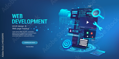 Web banner - Development of a website and applications for mobile phones. Coding and design UI, UX KIT. Coding, programming apps for smartphones and mobile devices. Testing website, software. Vector © SergeyBitos