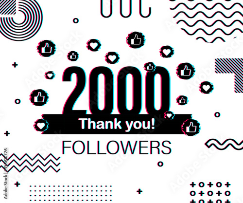 Thank you 2000 followers numbers. Glitch style banner. Congratulating multicolored thanks image for net friends likes. Vector illustration.