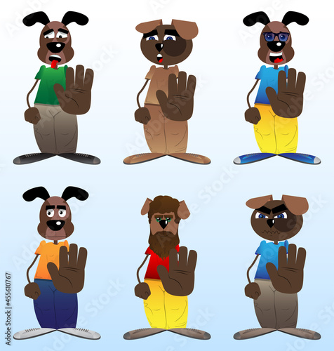 Funny cartoon dog showing deny or refuse hand gesture. Vector illustration.