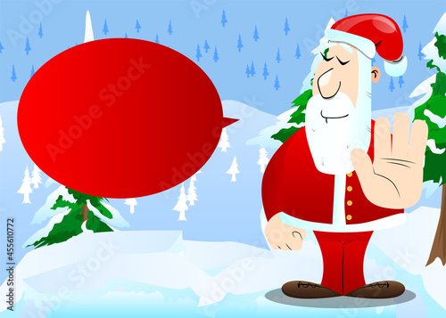 Santa Claus in his red clothes with white beard showing deny or refuse hand gesture. Vector cartoon character illustration.