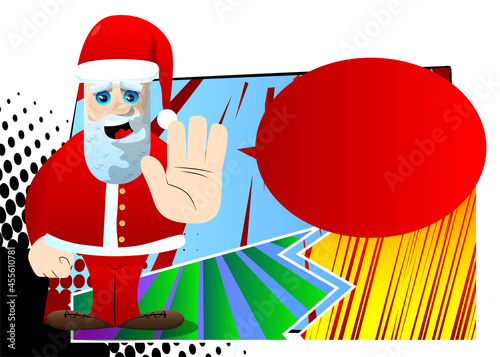 Santa Claus in his red clothes with white beard showing deny or refuse hand gesture. Vector cartoon character illustration.