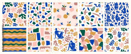 Matisse Inspired Abstract Seamless Pattern Set with Organic Cut Out Shapes in a Trendy Minimal Style. Vector Background