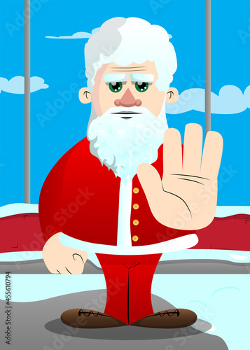 Santa Claus in his red clothes with white beard showing deny or refuse hand gesture. Vector cartoon character illustration.