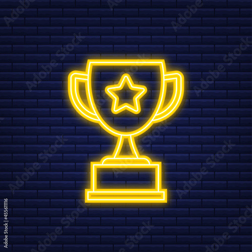 Trophy Cup Vector Flat Icon with star and laurel wreath. Neon icon. Vector illustration.