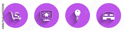 Set Trolley suitcase, Stars rating, Hotel door lock key and room bed icon with long shadow. Vector