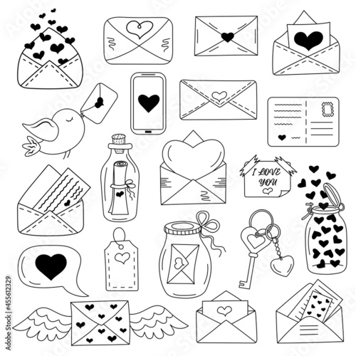 Love messages, envelopes with heart icon set in doodle style. Happy Valentine's day, romance simple love symbol, icon. 