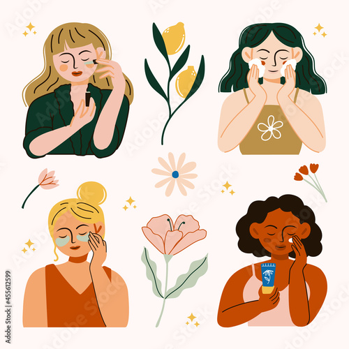 Set of women applying serum, cleansing foam, eyes patches and sunscreen face skincare products at home daily routine illustration