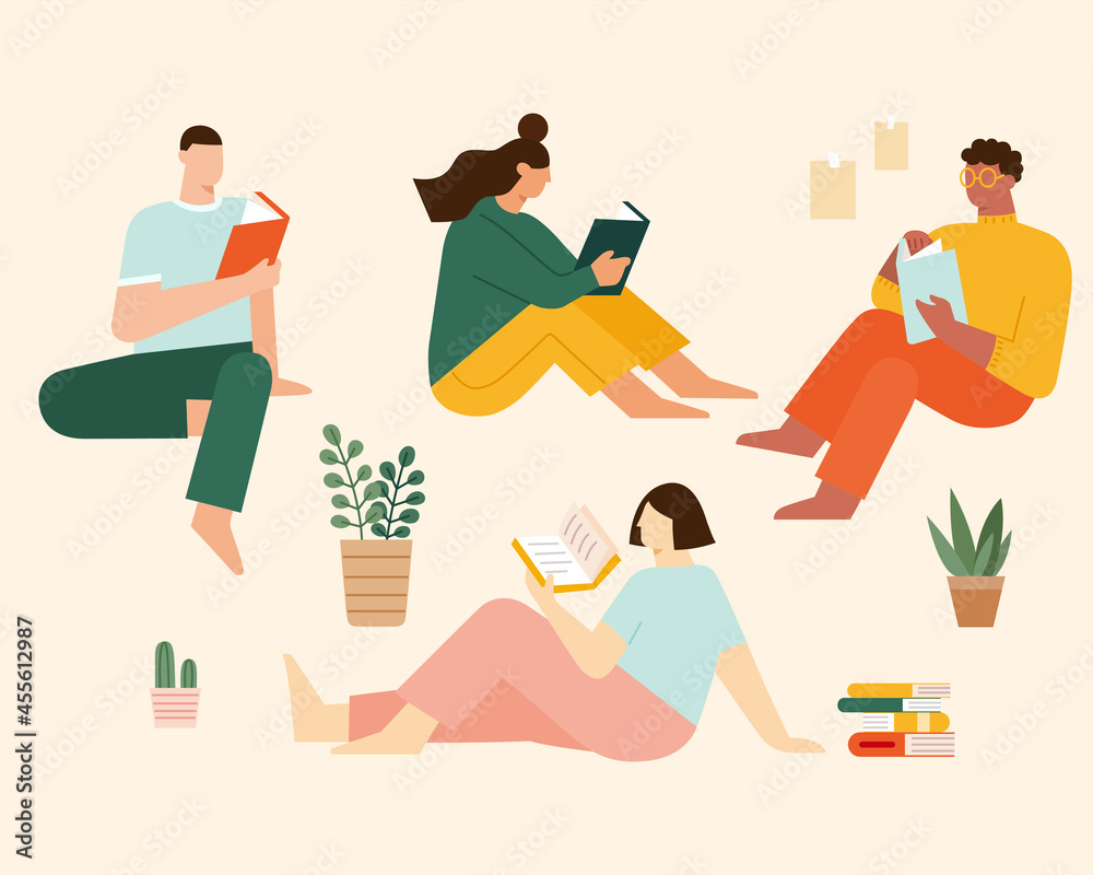 People reading books at home - obrazy, fototapety, plakaty 