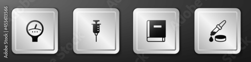Set Gauge scale, Syringe, Science book and Pipette icon. Silver square button. Vector