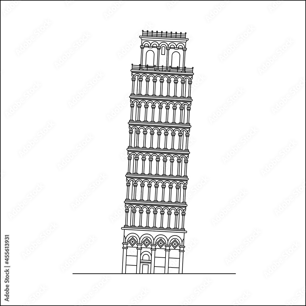 Leaning Tower of Pisa. Vector linear illustration, isolated on white background.
