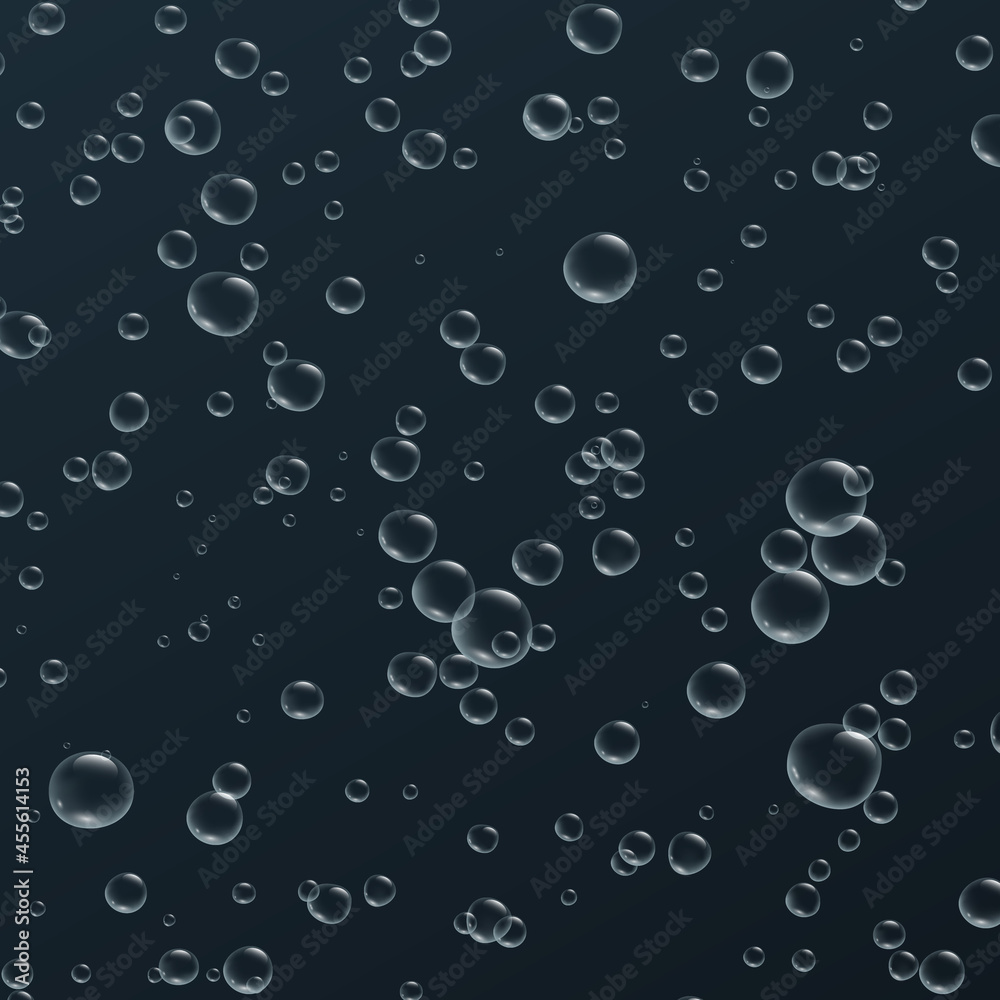 Transparent fizzy bubbles. Sparkles champagne. Fizzy pop and effervescent drink. Abstract fresh soda and air bubbles, oxygen, champagne crystal. Vector illustration on black background. Transparent fizzy bubbles. Sparkles champagne. Fizzy pop and effervescent drink. Abstract fresh soda and air bubbles, oxygen, champagne crystal. Vector illustration on black background.