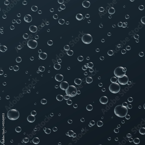 Transparent fizzy bubbles. Sparkles champagne. Fizzy pop and effervescent drink. Abstract fresh soda and air bubbles, oxygen, champagne crystal. Vector illustration on black background.