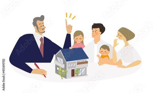 マイホーム計画をする家族と不動産の男性ベクターイラスト