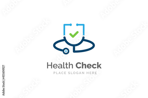 Health check logo design template. Stethoscope icon with checklist shape. Health and medicine symbol.